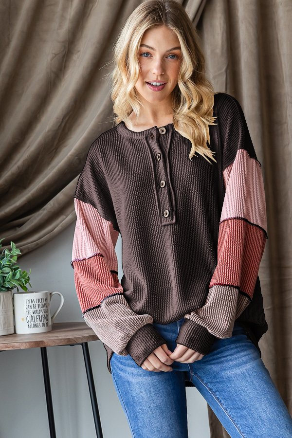 Urban Ribbed Button Top- Colorblock Sleeves