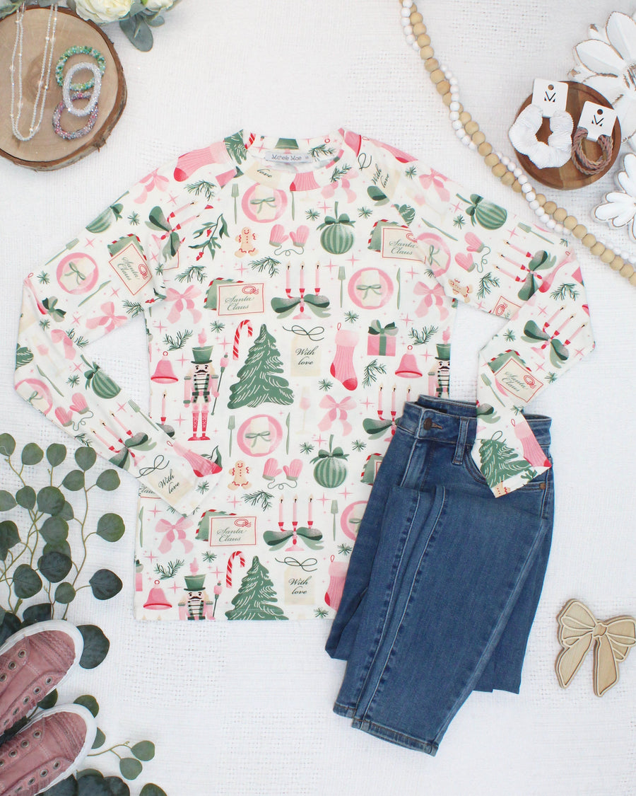 WAREHOUSE ONLY Blair Long Sleeve Top - Pink Pine Noel