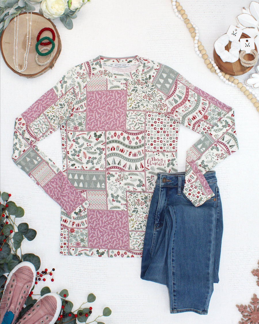 WAREHOUSE ONLY Blair Long Sleeve Top - Holiday Patchwork