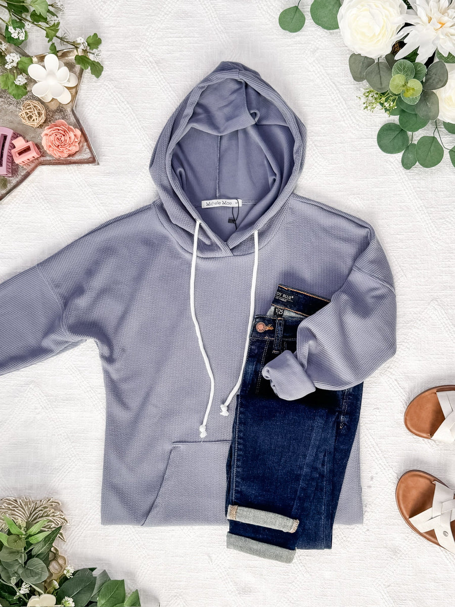WAREHOUSE Kacey Ribbed Hoodie - Dusty Blue