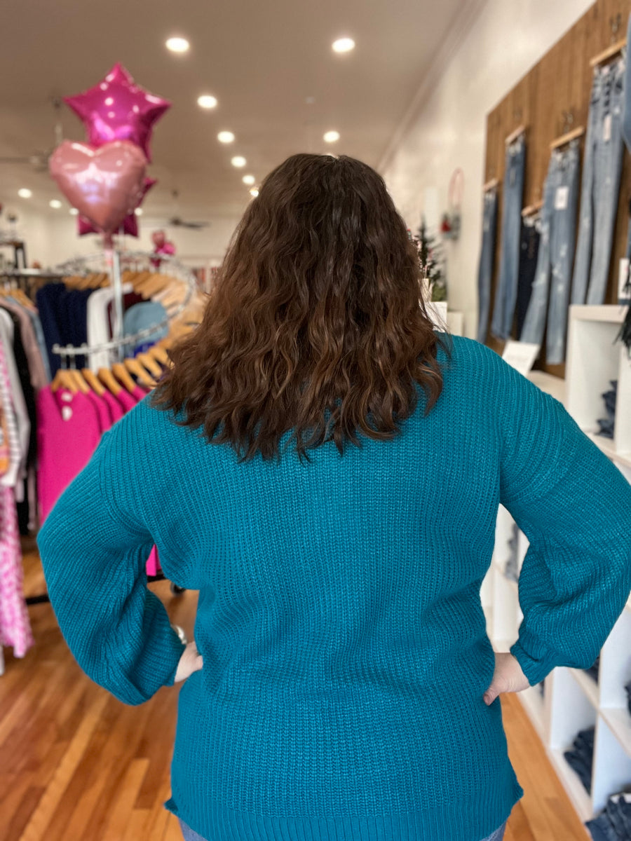 Solid Sweater with Round Neckline- Teal