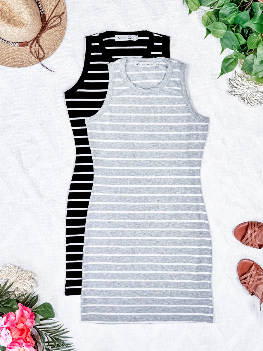 WAREHOUSE Mariah Ribbed Dress - Grey Stripes