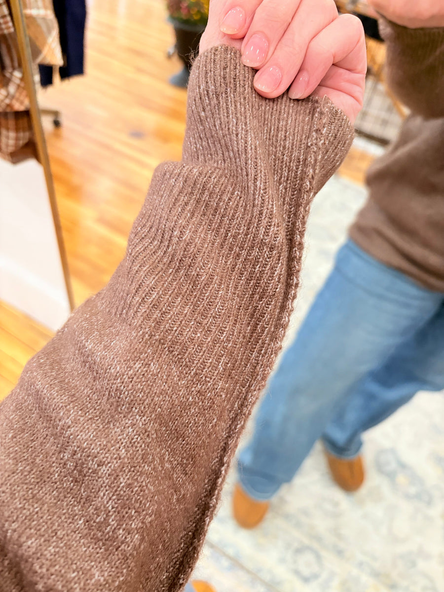 Melange Hi-Low Hem Pocket Sweater- Chocolate