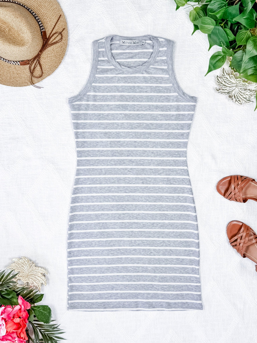 WAREHOUSE Mariah Ribbed Dress - Grey Stripes