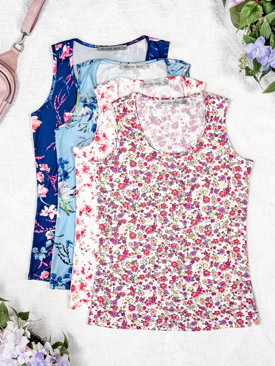 WAREHOUSE Luxe Crew Tank - Ivory Pink Floral