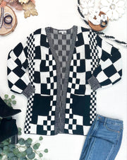 WAREHOUSE ONLY Long Checkered Pocket Cardigan - Black and White