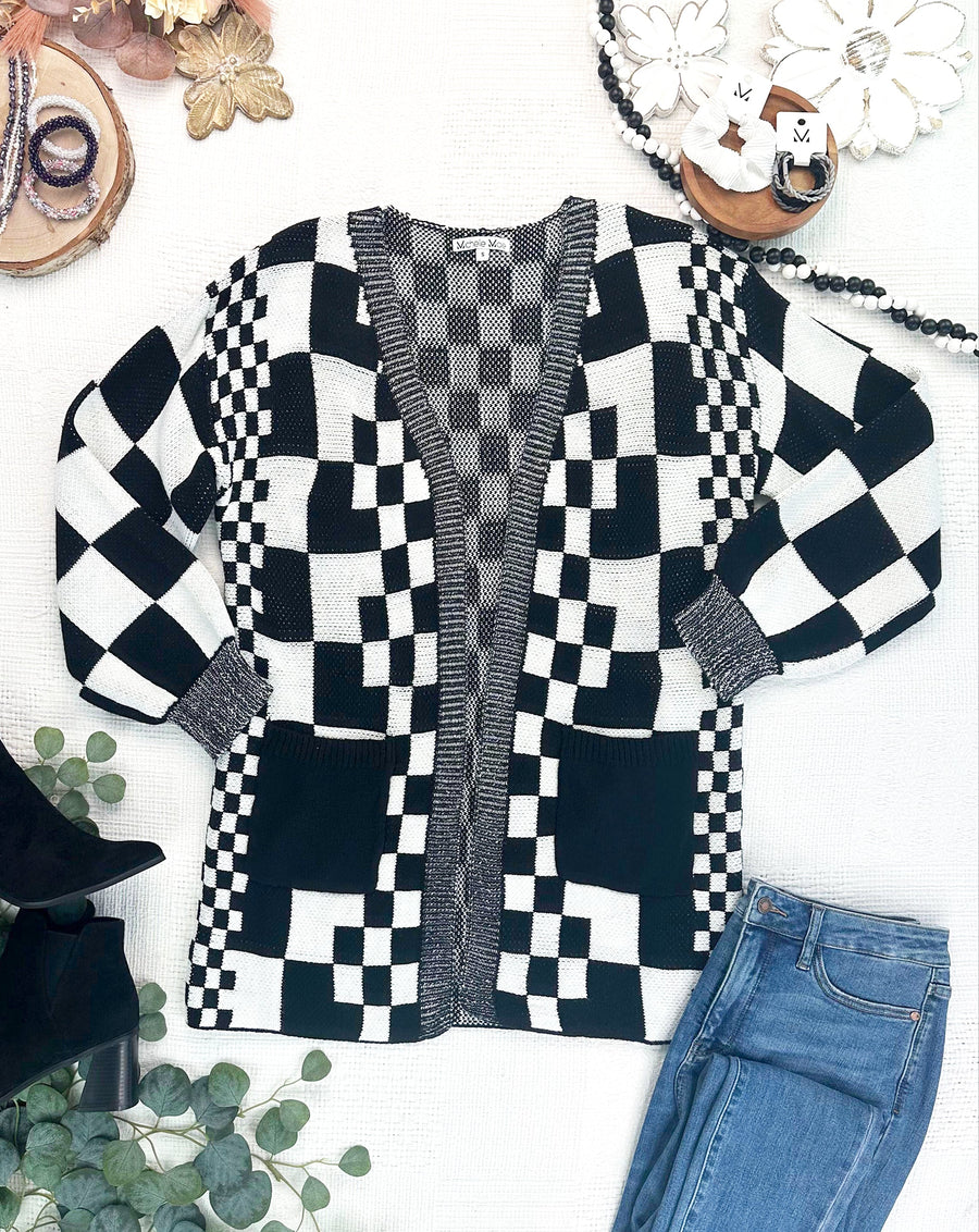WAREHOUSE ONLY Long Checkered Pocket Cardigan - Black and White