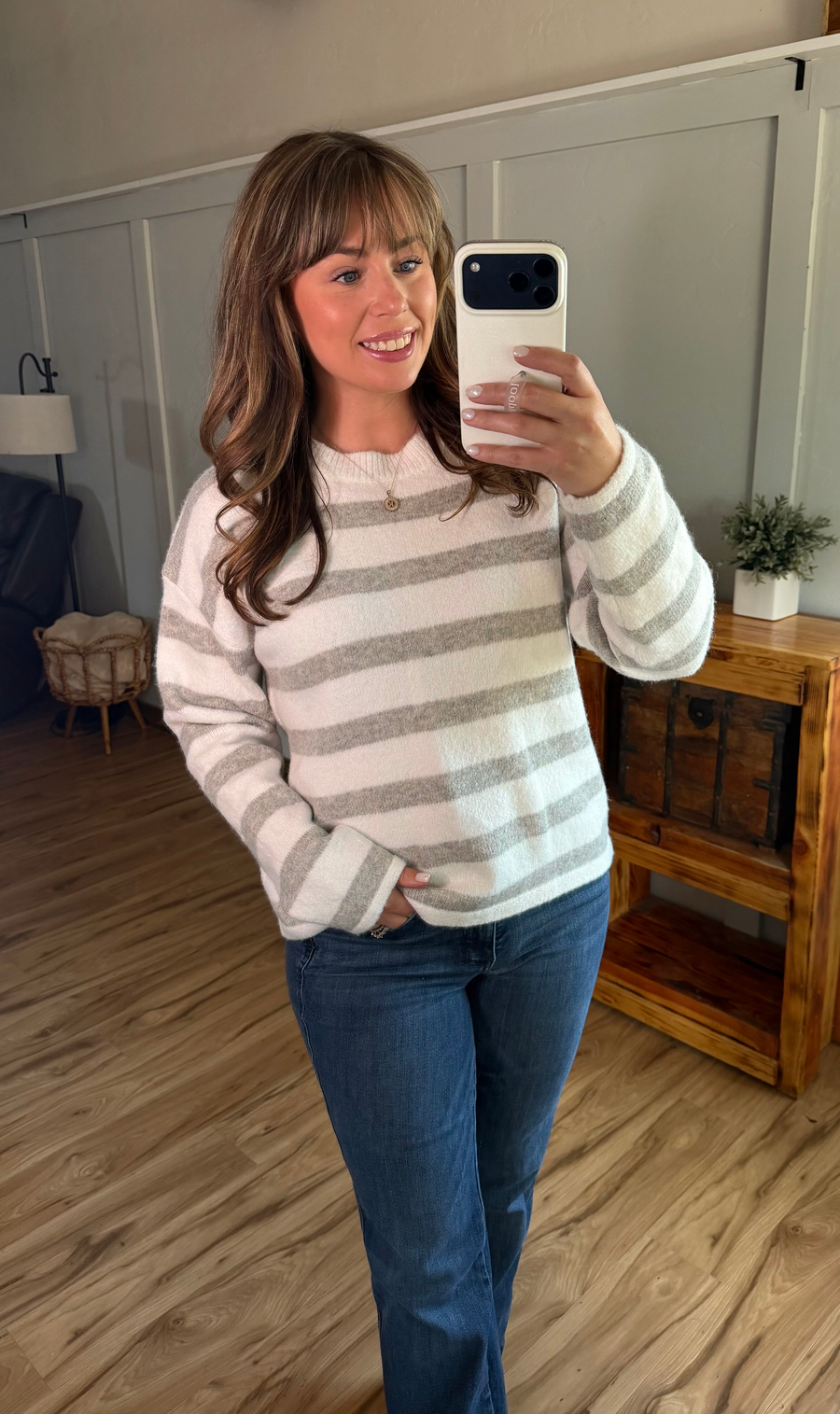 WAREHOUSE ONLY Cozy Stripe Sweater - Grey and White