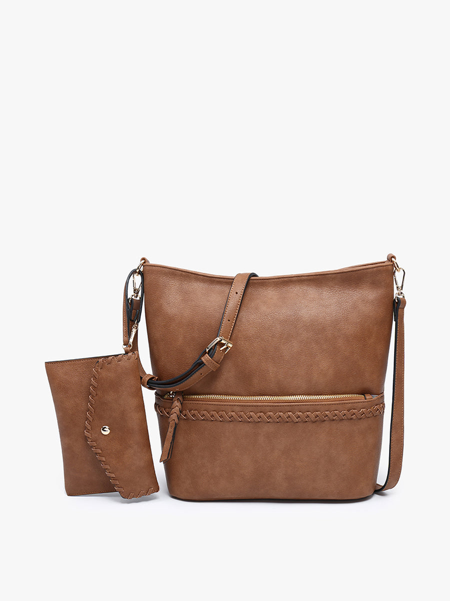 Cynthia Distressed Whipstitch Hobo w/ Wristlet- Brown
