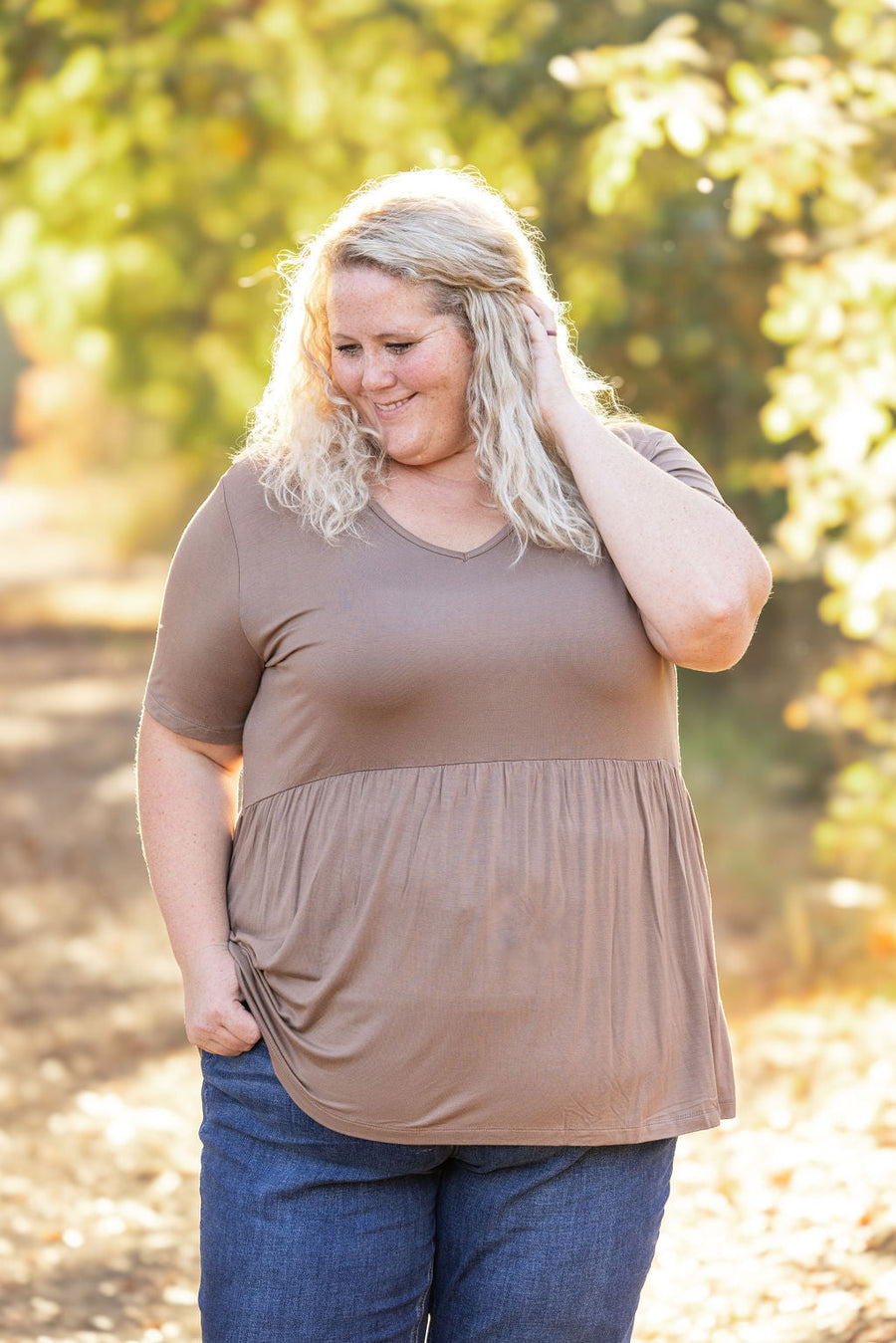 WAREHOUSE Sarah Ruffle Short Sleeve - Mocha FINAL SALE