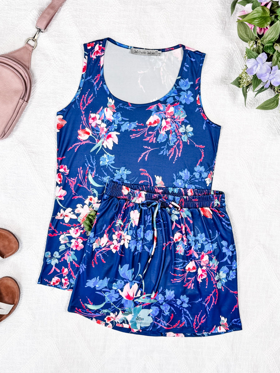 WAREHOUSE Luxe Crew Tank - Navy Floral Bliss