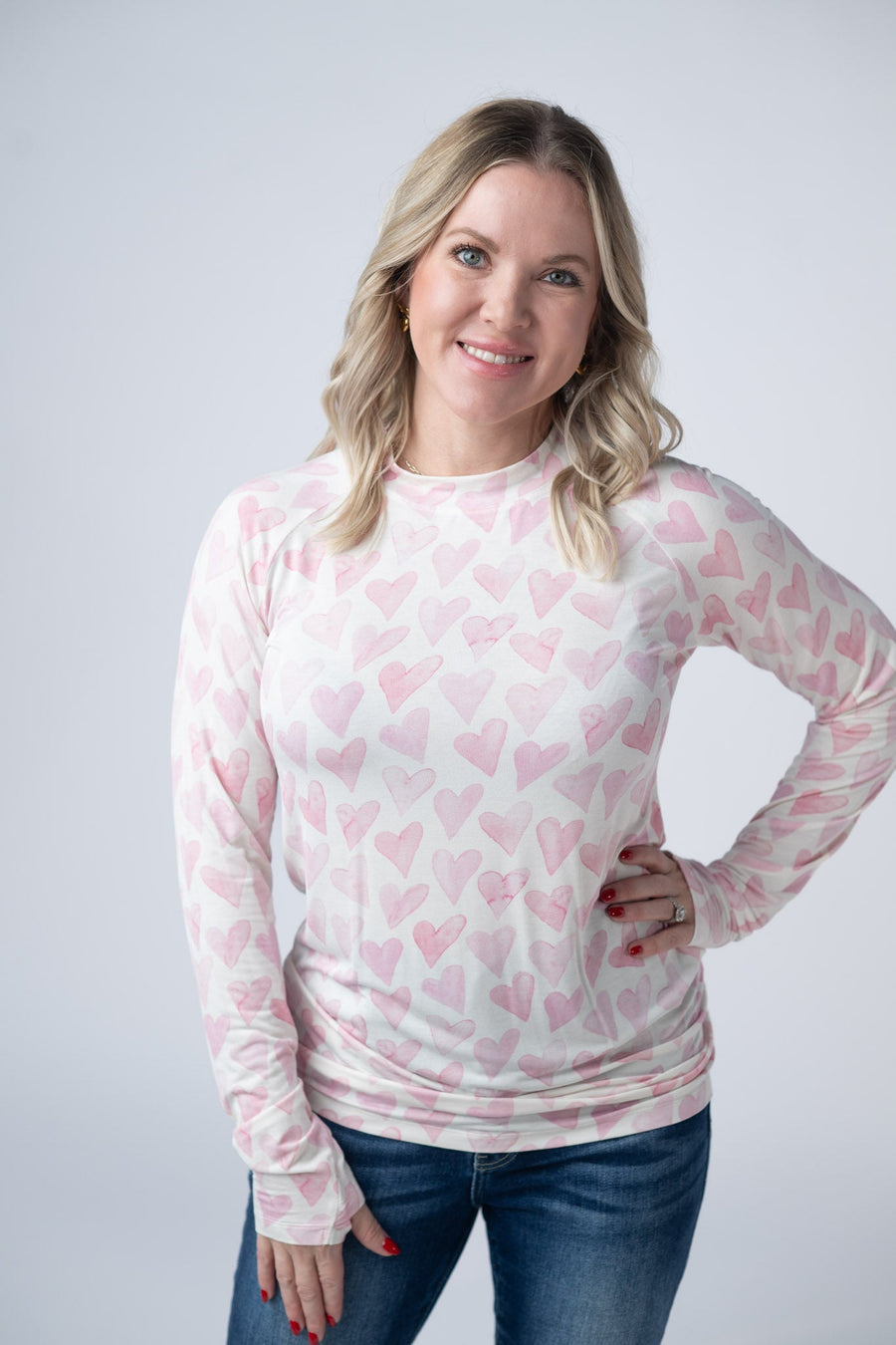 WAREHOUSE Blair Long Sleeve Top -  Blushing Pink Hearts