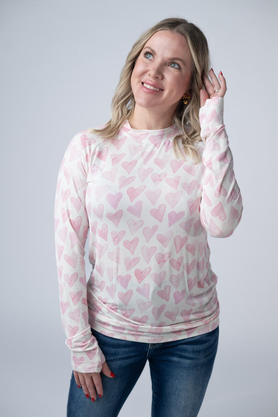 WAREHOUSE Blair Long Sleeve Top -  Blushing Pink Hearts
