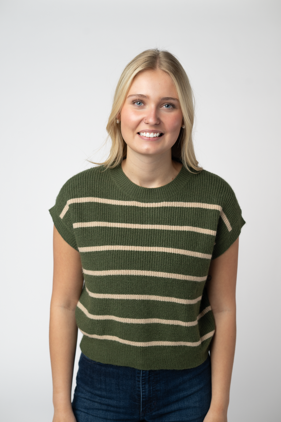 WAREHOUSE ONLY Striped Sweater Top - Olive and Tan