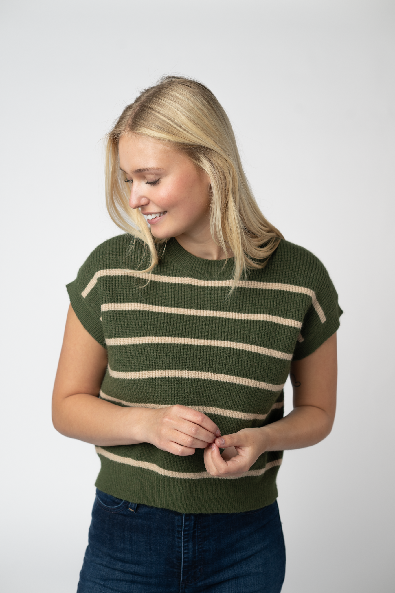 WAREHOUSE ONLY Striped Sweater Top - Olive and Tan