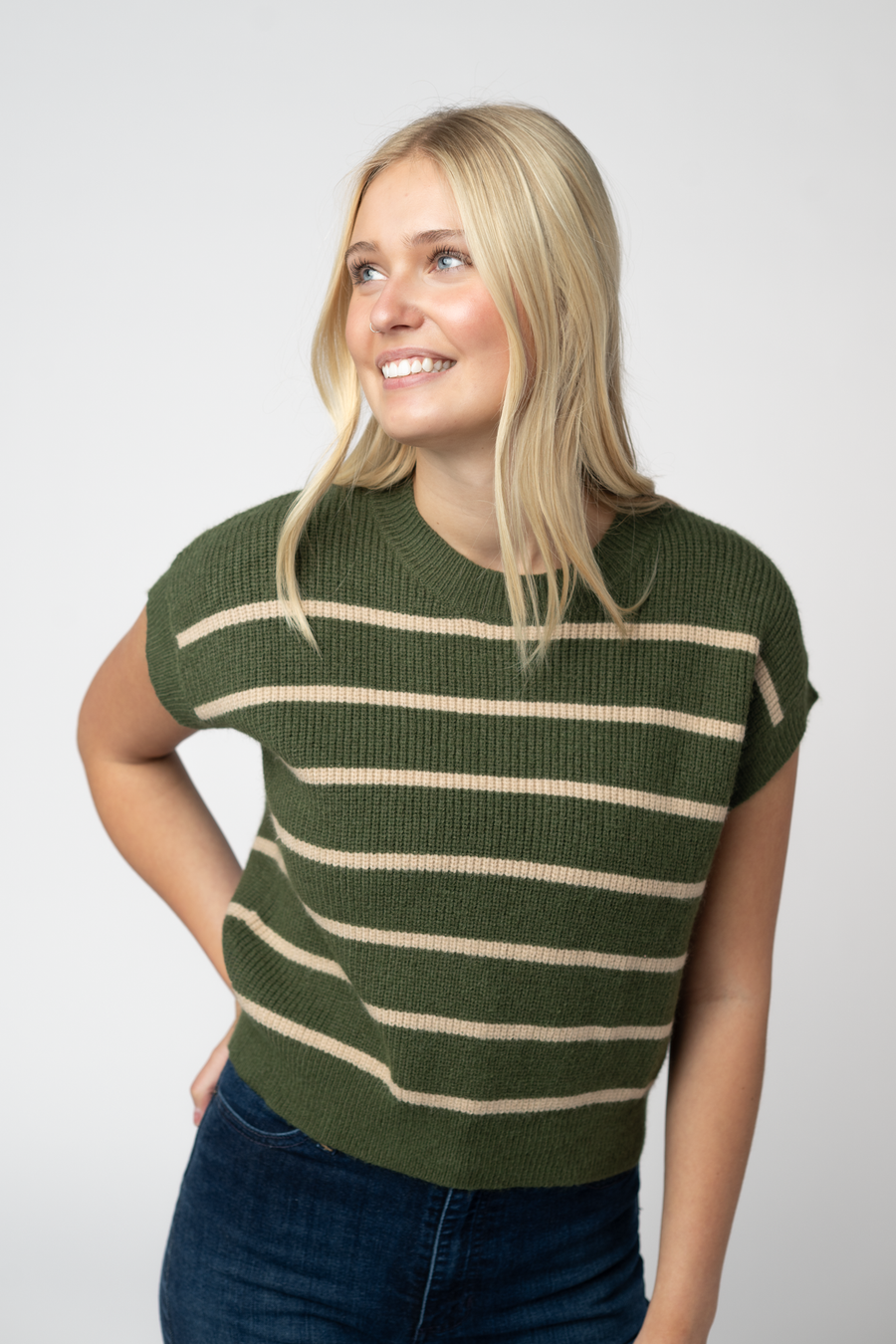 WAREHOUSE ONLY Striped Sweater Top - Olive and Tan
