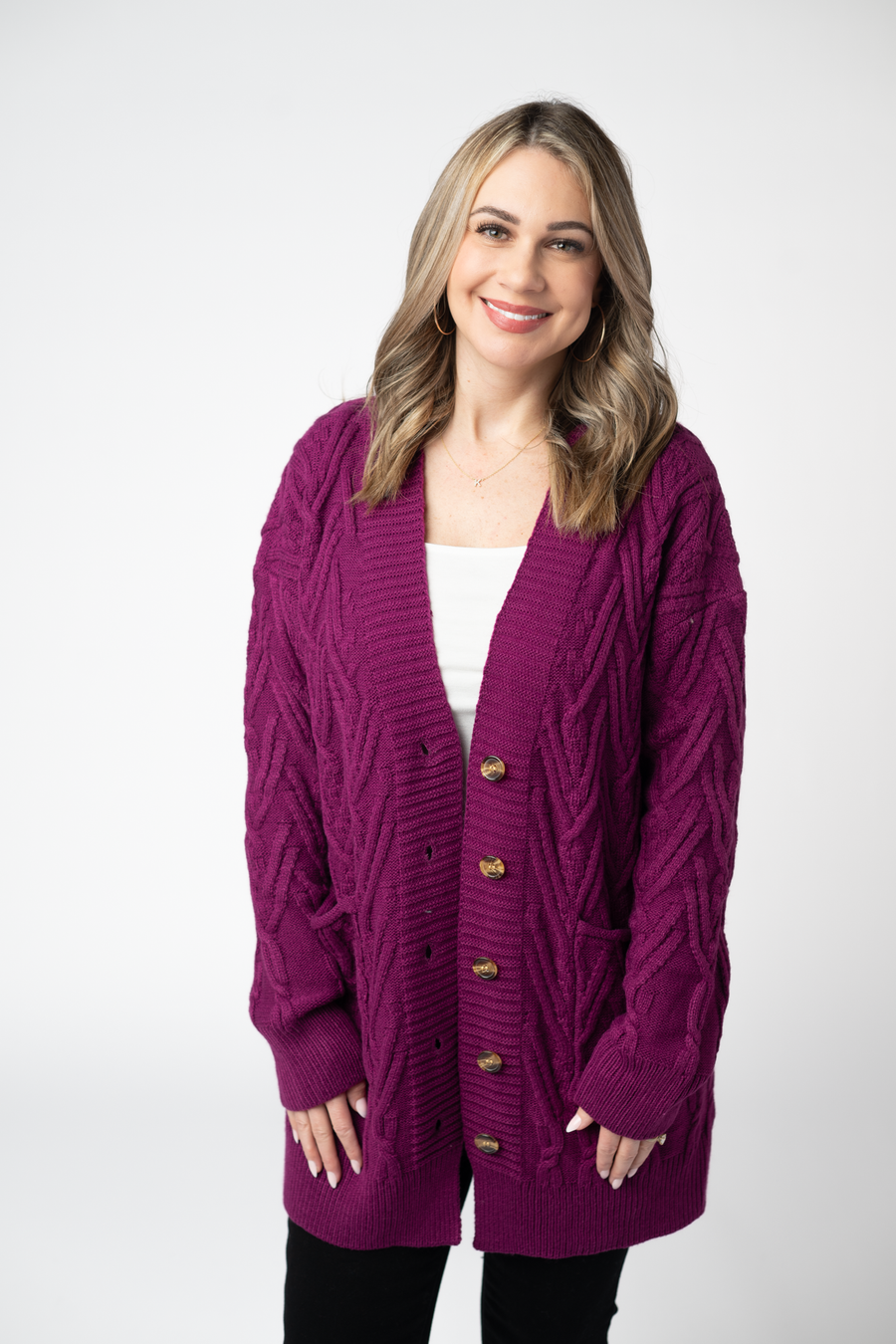 WAREHOUSE ONLY Brooks Button Sweater Cardigan - Magenta