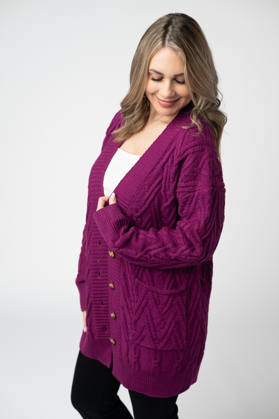 WAREHOUSE ONLY Brooks Button Sweater Cardigan - Magenta