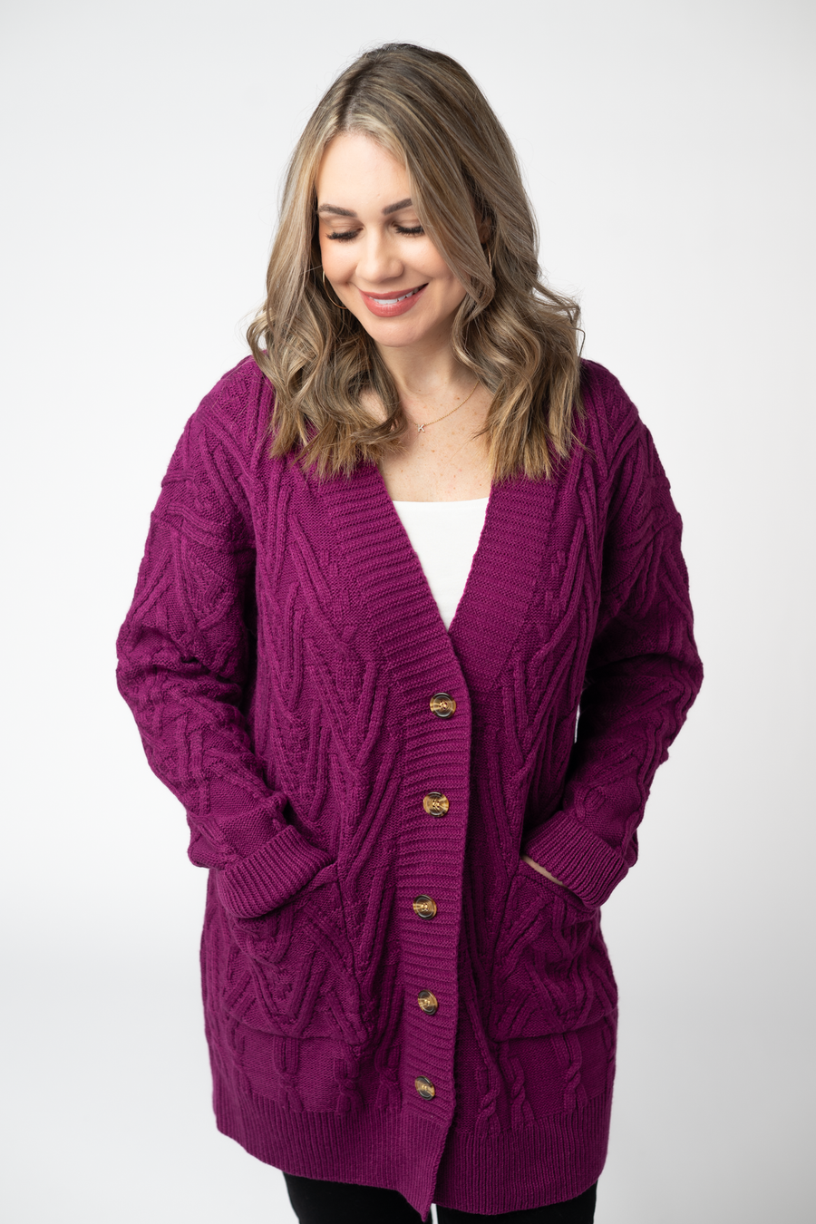 WAREHOUSE ONLY Brooks Button Sweater Cardigan - Magenta