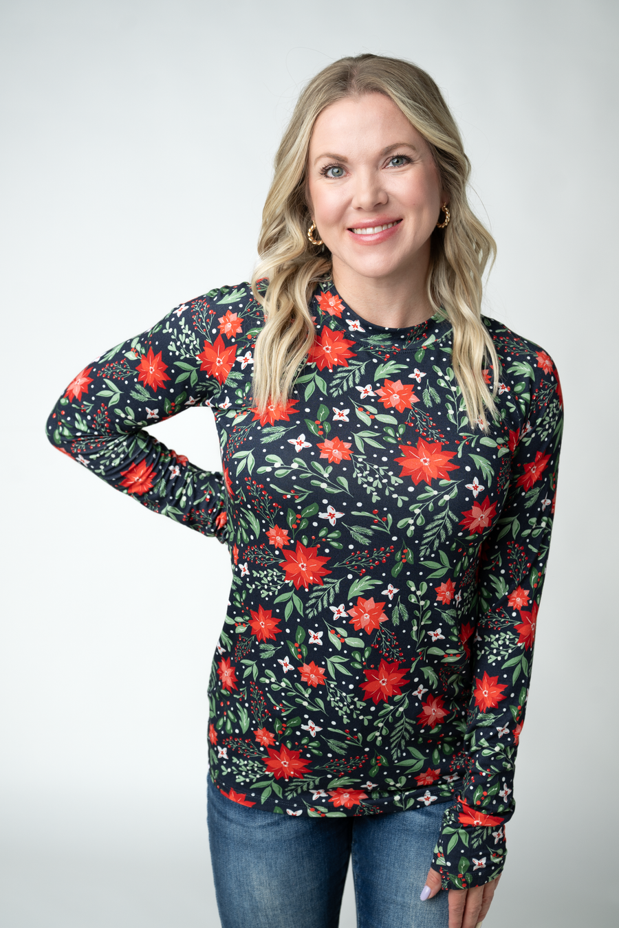 WAREHOUSE ONLY Blair Long Sleeve Top - Poinsettia Nights