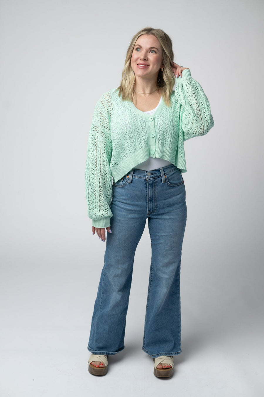 WAREHOUSE Callie Cropped Cardigan - Mint