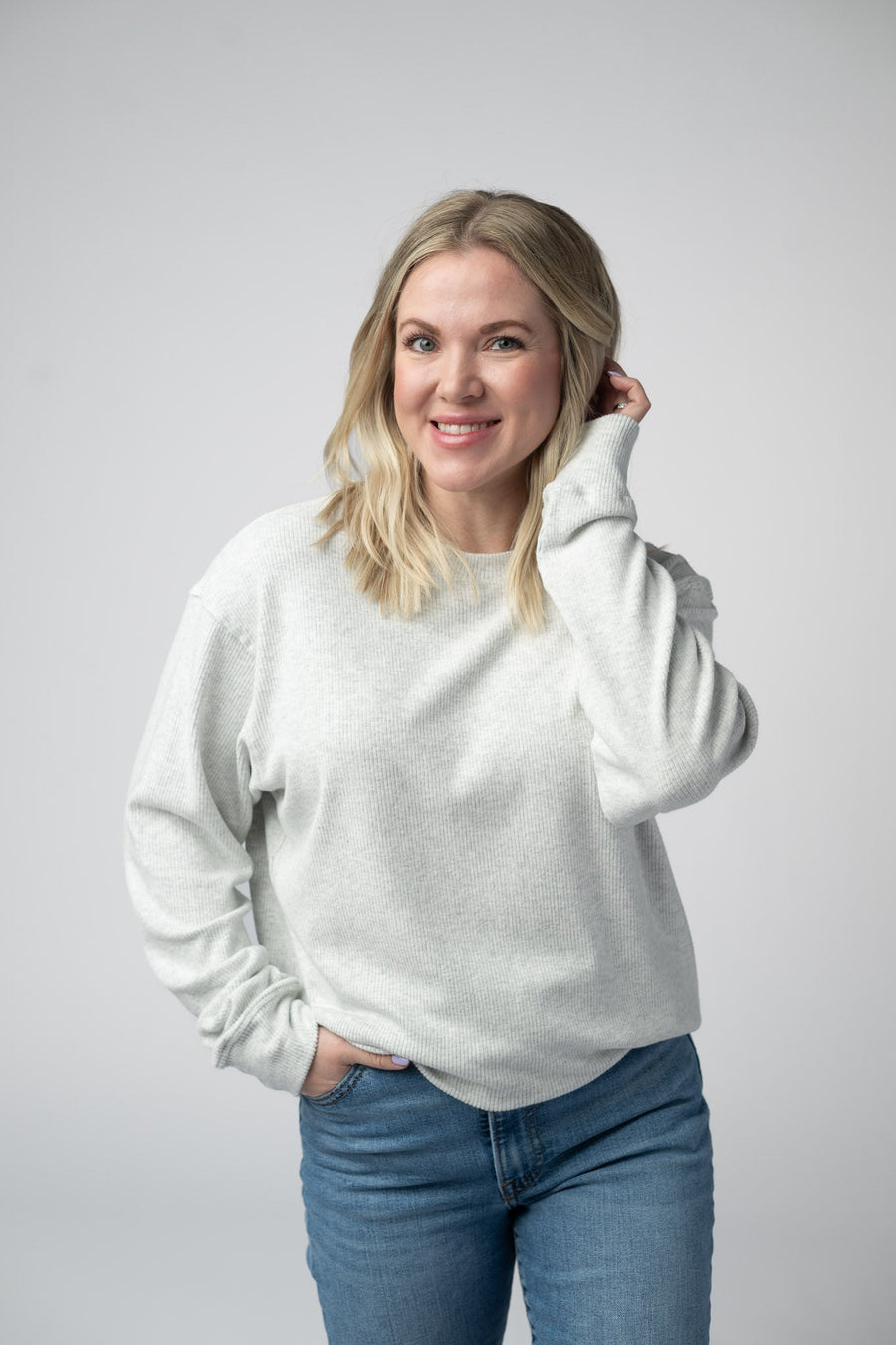 WAREHOUSE Corrine Ribbed Pullover Top - Light Grey