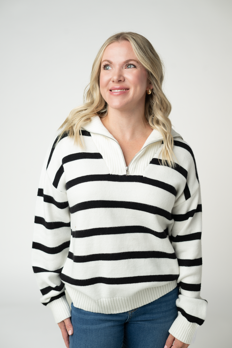WAREHOUSE ONLY Quarter Zip Striped Pullover - Black and White