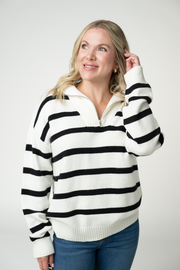 WAREHOUSE ONLY Quarter Zip Striped Pullover - Black and White