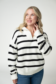 WAREHOUSE ONLY Quarter Zip Striped Pullover - Black and White