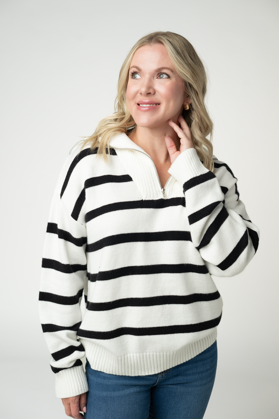 WAREHOUSE ONLY Quarter Zip Striped Pullover - Black and White