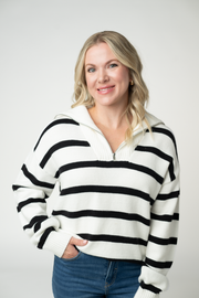 WAREHOUSE ONLY Quarter Zip Striped Pullover - Black and White