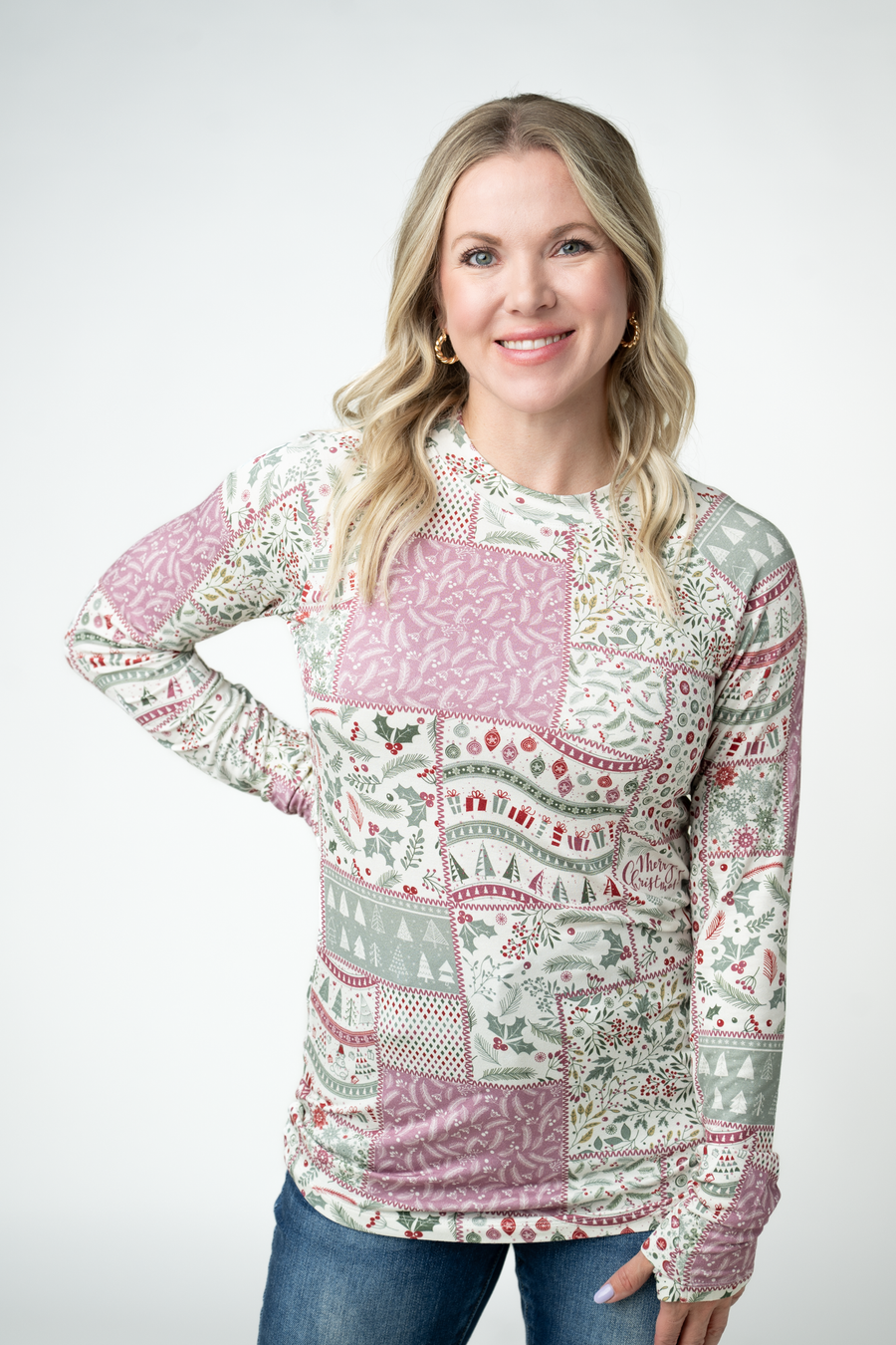 WAREHOUSE ONLY Blair Long Sleeve Top - Holiday Patchwork