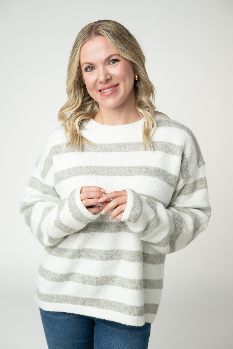 WAREHOUSE ONLY Cozy Stripe Sweater - Grey and White