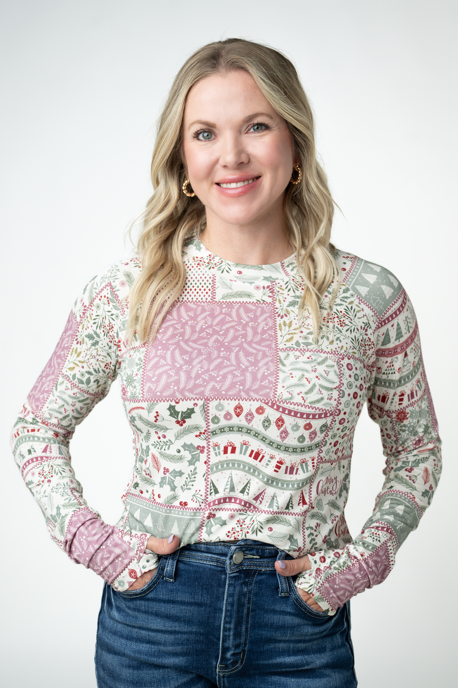 WAREHOUSE ONLY Blair Long Sleeve Top - Holiday Patchwork
