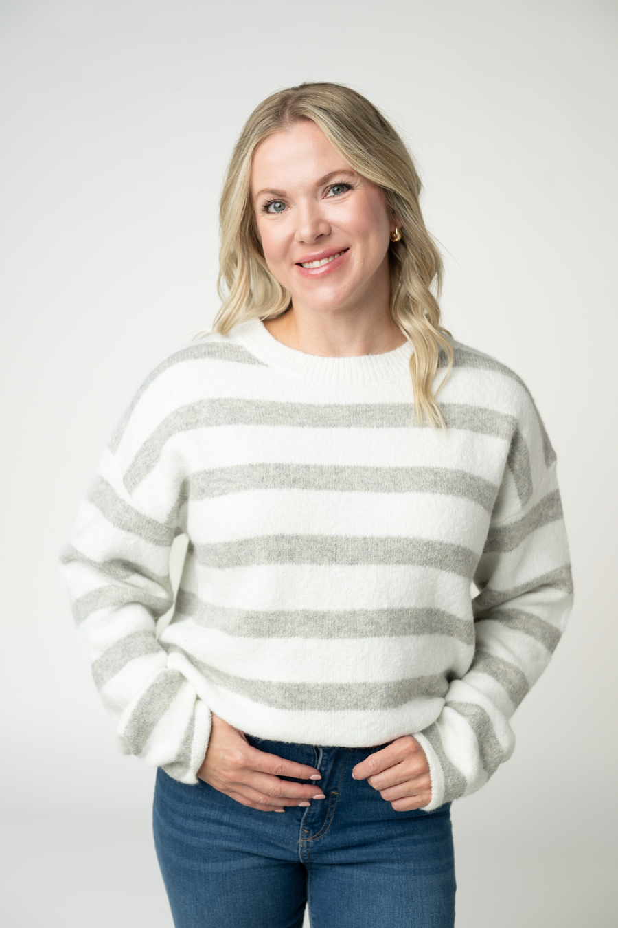 WAREHOUSE ONLY Cozy Stripe Sweater - Grey and White