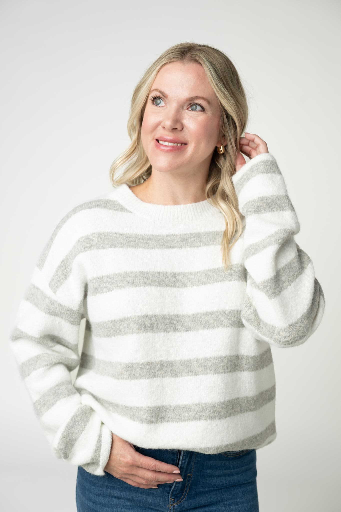 WAREHOUSE ONLY Cozy Stripe Sweater - Grey and White
