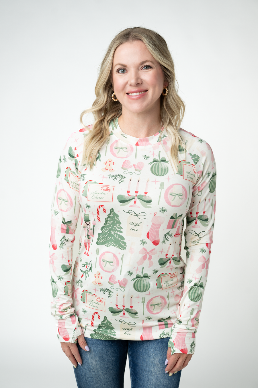 WAREHOUSE ONLY Blair Long Sleeve Top - Pink Pine Noel