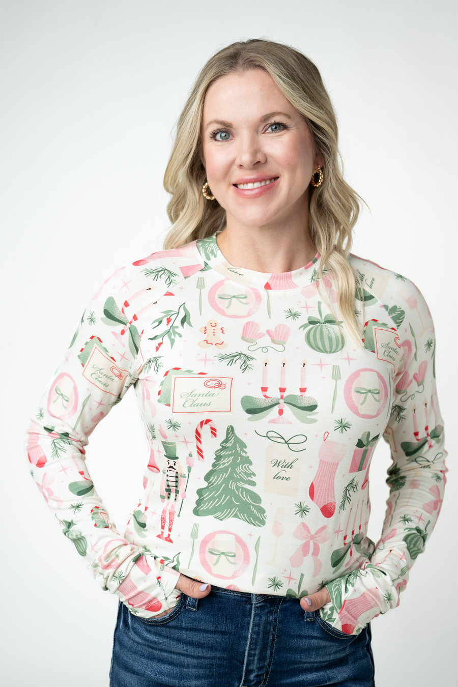 WAREHOUSE ONLY Blair Long Sleeve Top - Pink Pine Noel