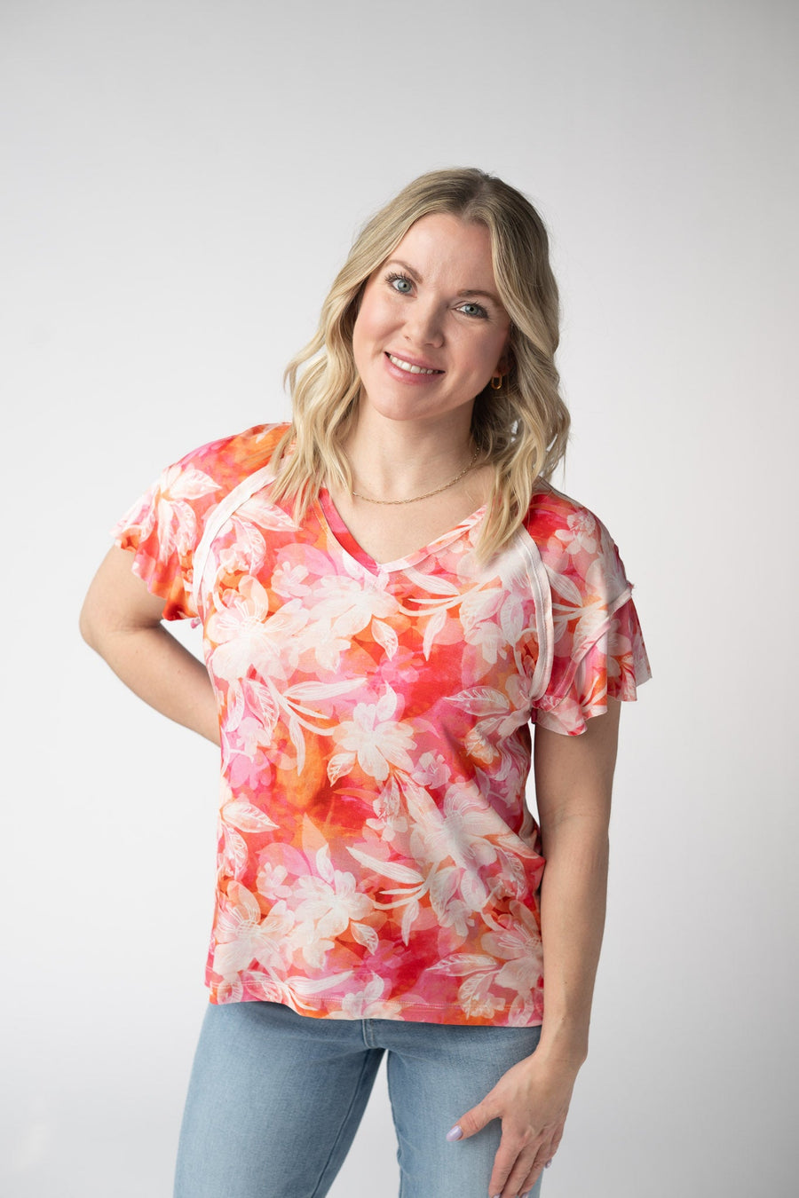 WAREHOUSE ONLY Raelynn V-Neck Top - Sunset Tropical Floral FINAL SALE