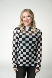 WAREHOUSE ONLY Blair Mesh Long Sleeve Top - Black and White Checkers