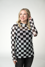 WAREHOUSE ONLY Blair Mesh Long Sleeve Top - Black and White Checkers