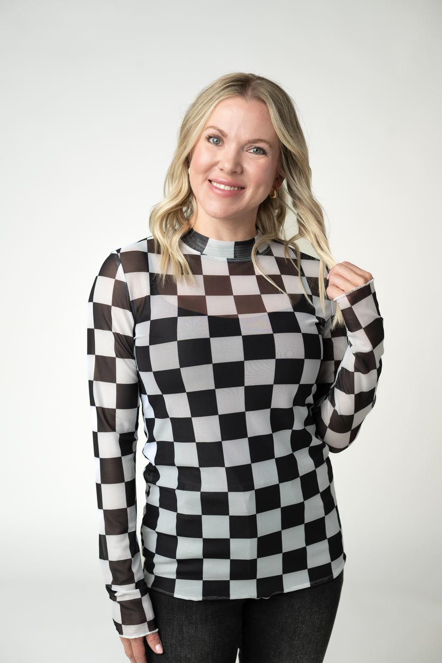 WAREHOUSE ONLY Blair Mesh Long Sleeve Top - Black and White Checkers