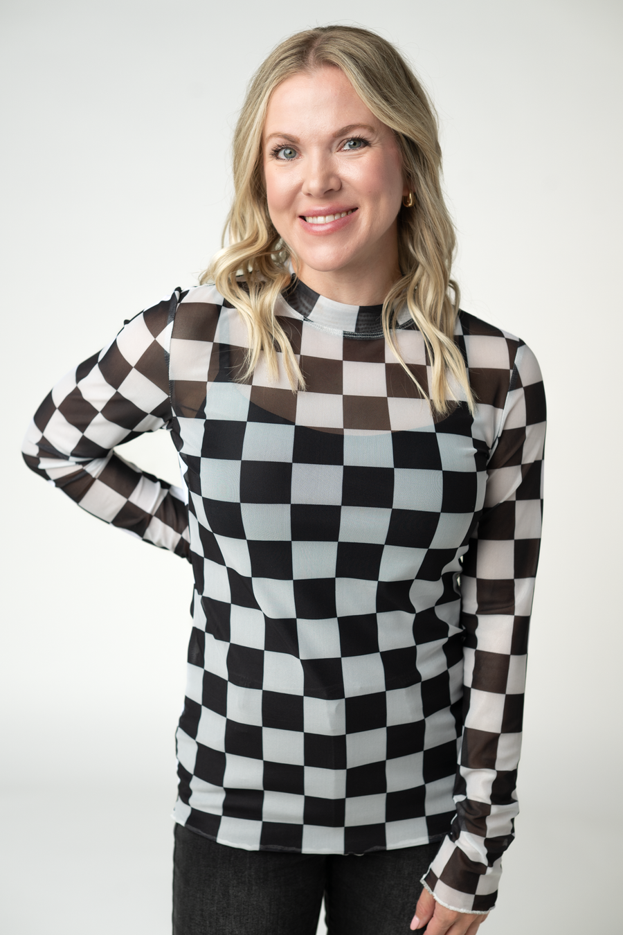 WAREHOUSE ONLY Blair Mesh Long Sleeve Top - Black and White Checkers