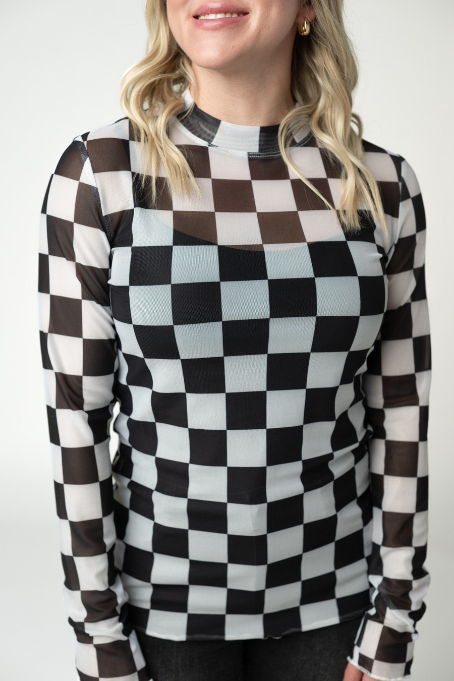 WAREHOUSE ONLY Blair Mesh Long Sleeve Top - Black and White Checkers