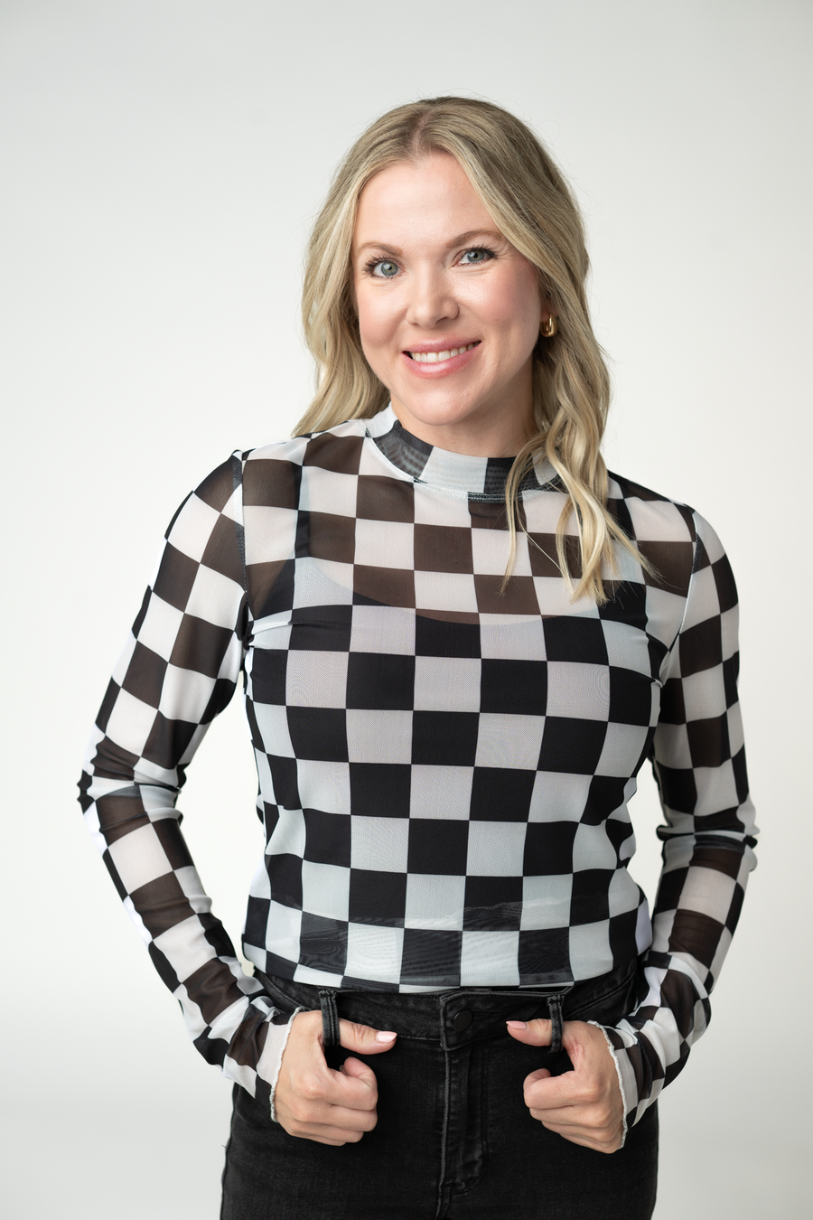WAREHOUSE ONLY Blair Mesh Long Sleeve Top - Black and White Checkers