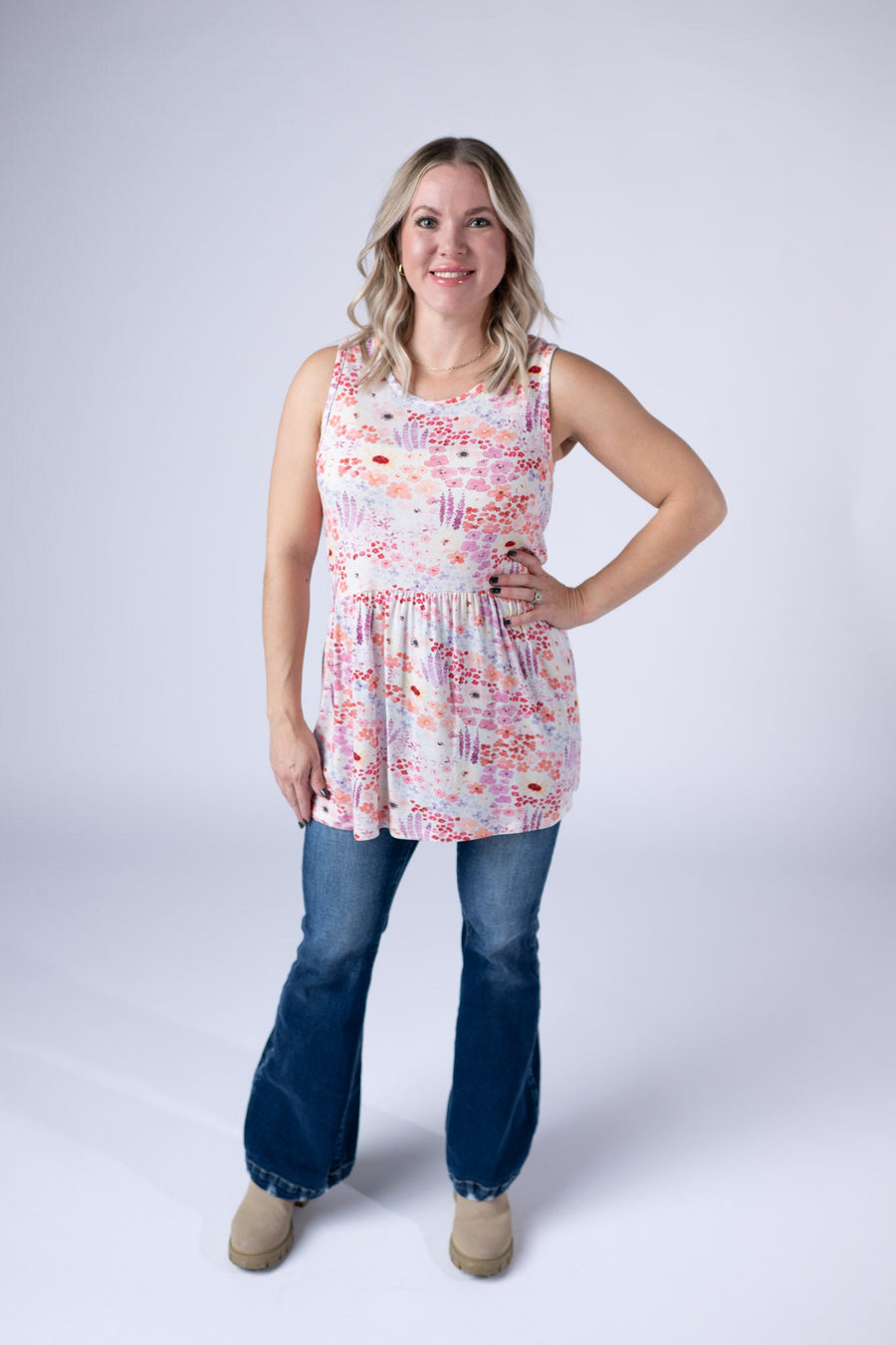 WAREHOUSE ONLY Renee Ruffle Tank Top - Coral Sunset Floral FINAL SALE