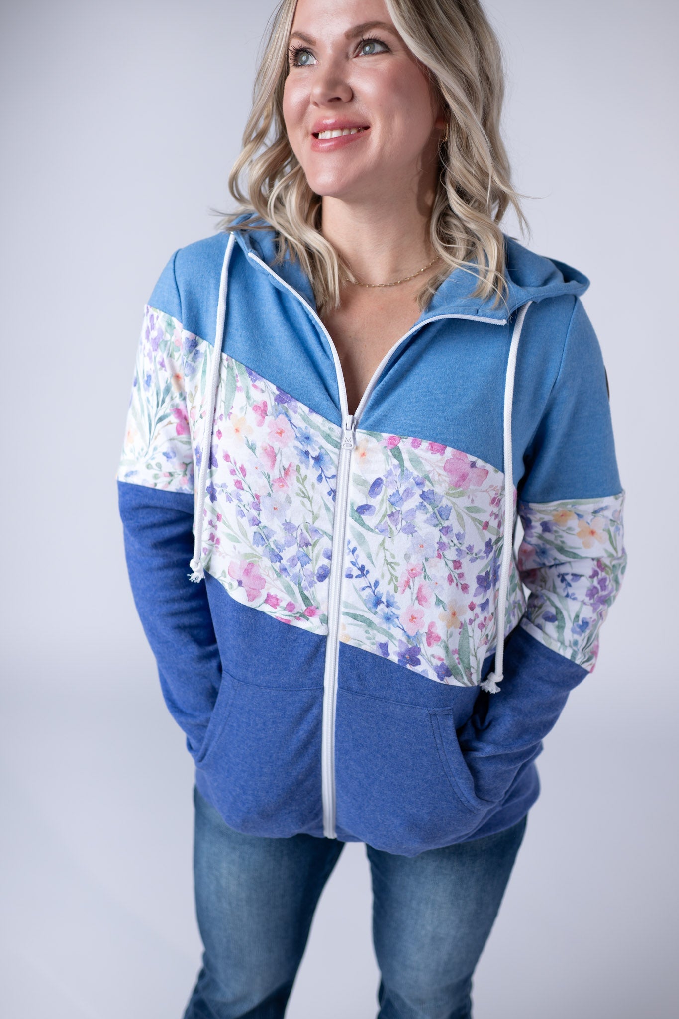 WAREHOUSE Colorblock Fullzip - Light Blue, Cottage Floral, and Blue