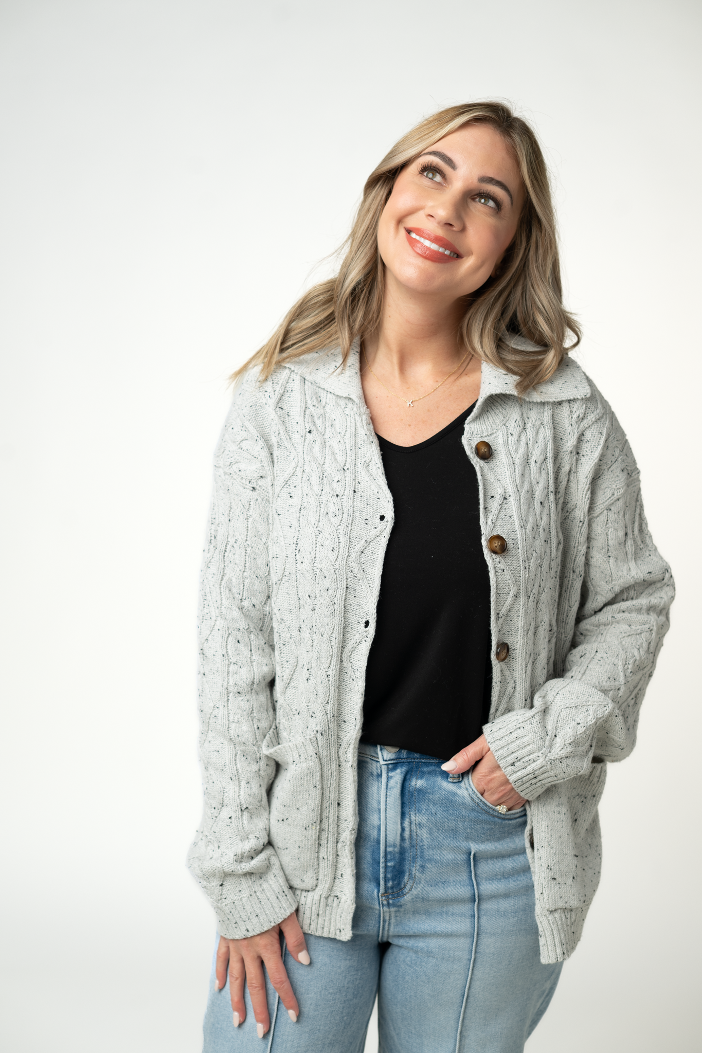 WAREHOUSE ONLY Confetti Dot Cable Cardigan Jacket - Grey