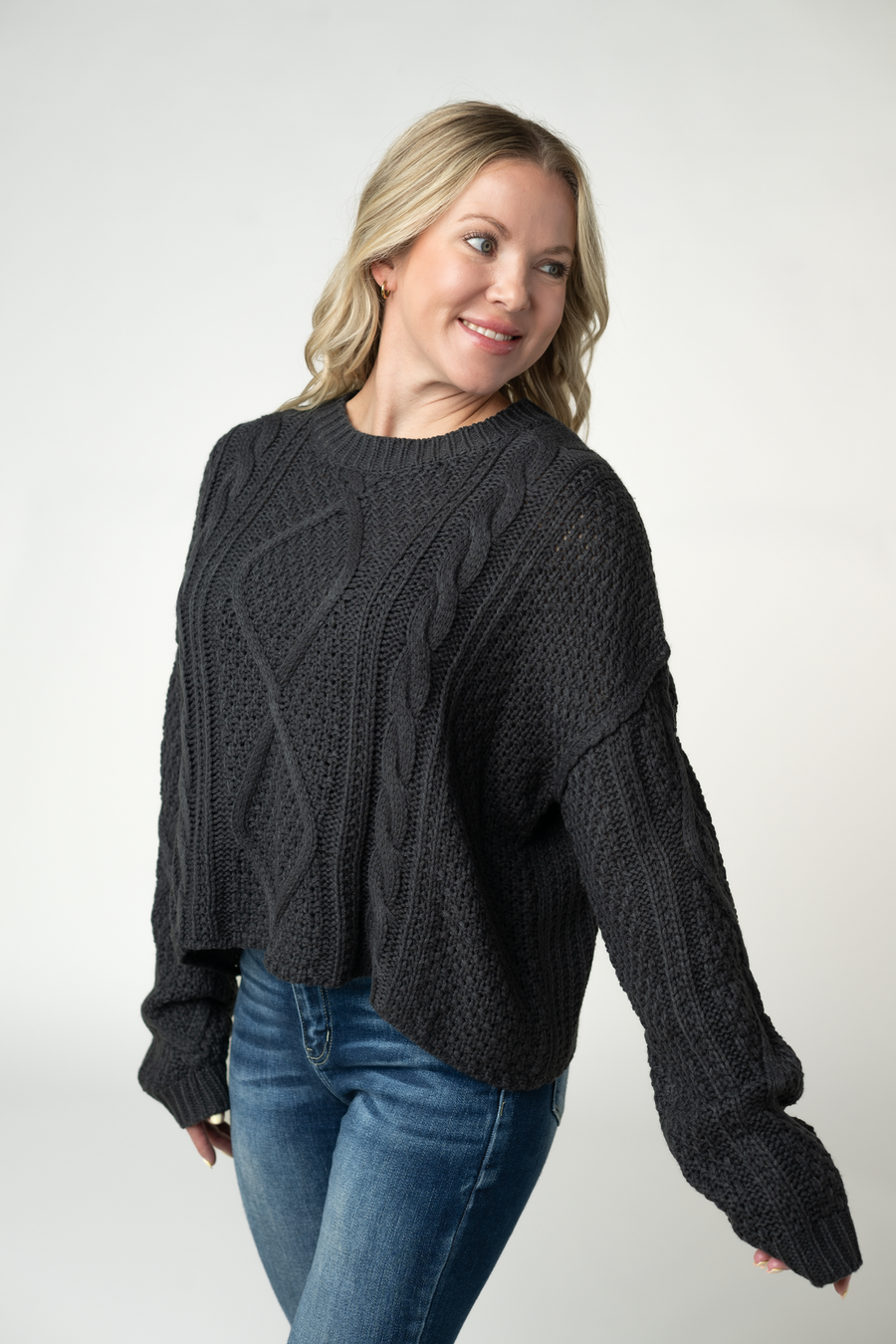 WAREHOUSE ONLY Cable Knit Sweater - Charcoal