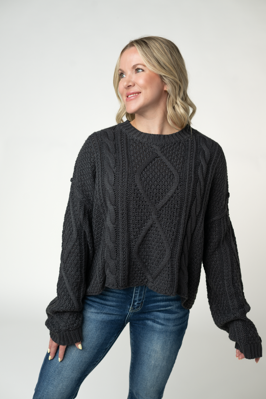 WAREHOUSE ONLY Cable Knit Sweater - Charcoal